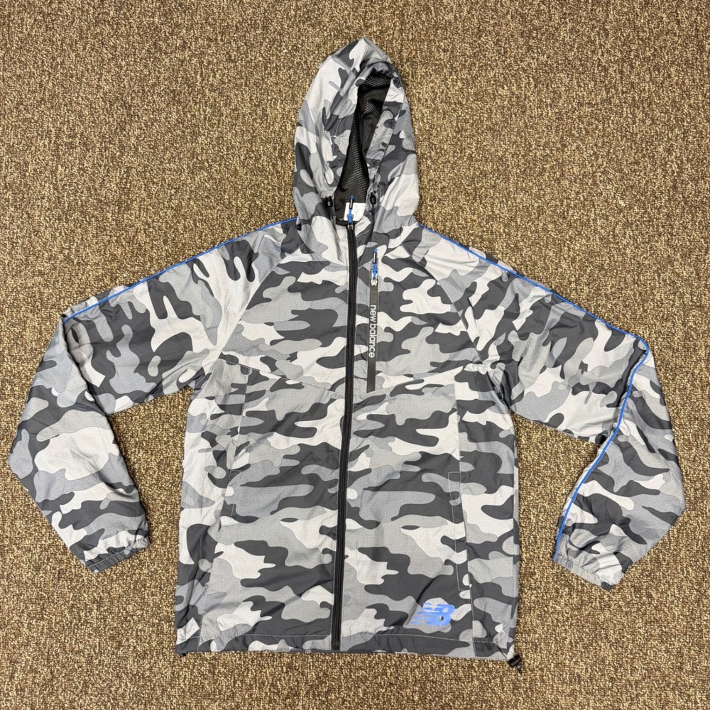 New Balance Windbreaker Jacket Mens S Gray Camo Hooded Mesh Lined Full Zip